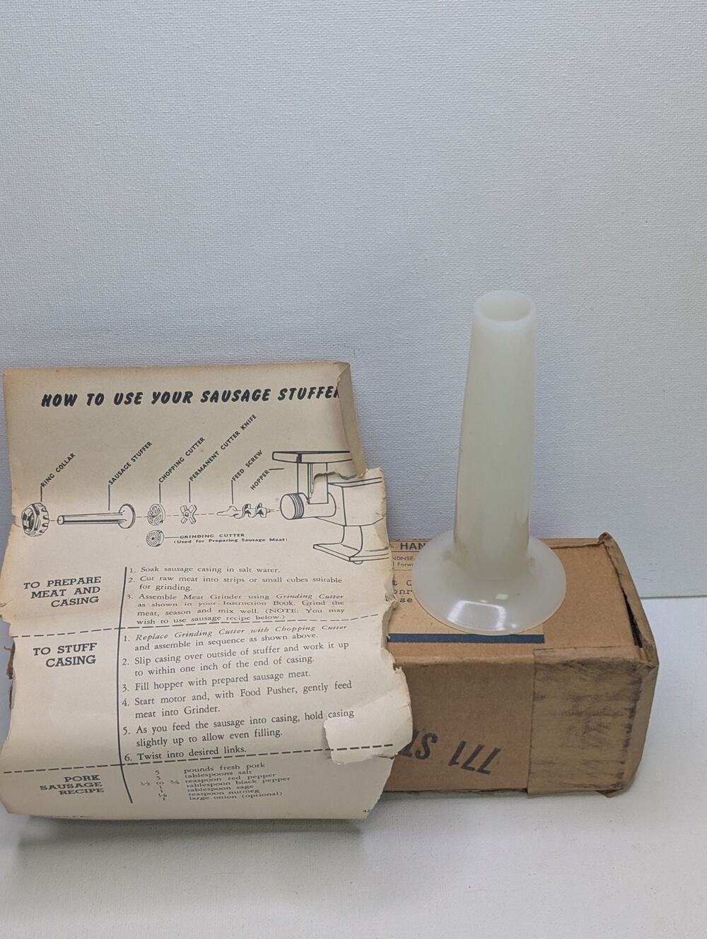 Vintage Meat Grinder Sausage Stuffer Tube Attachment w/ Instructions 4.5"